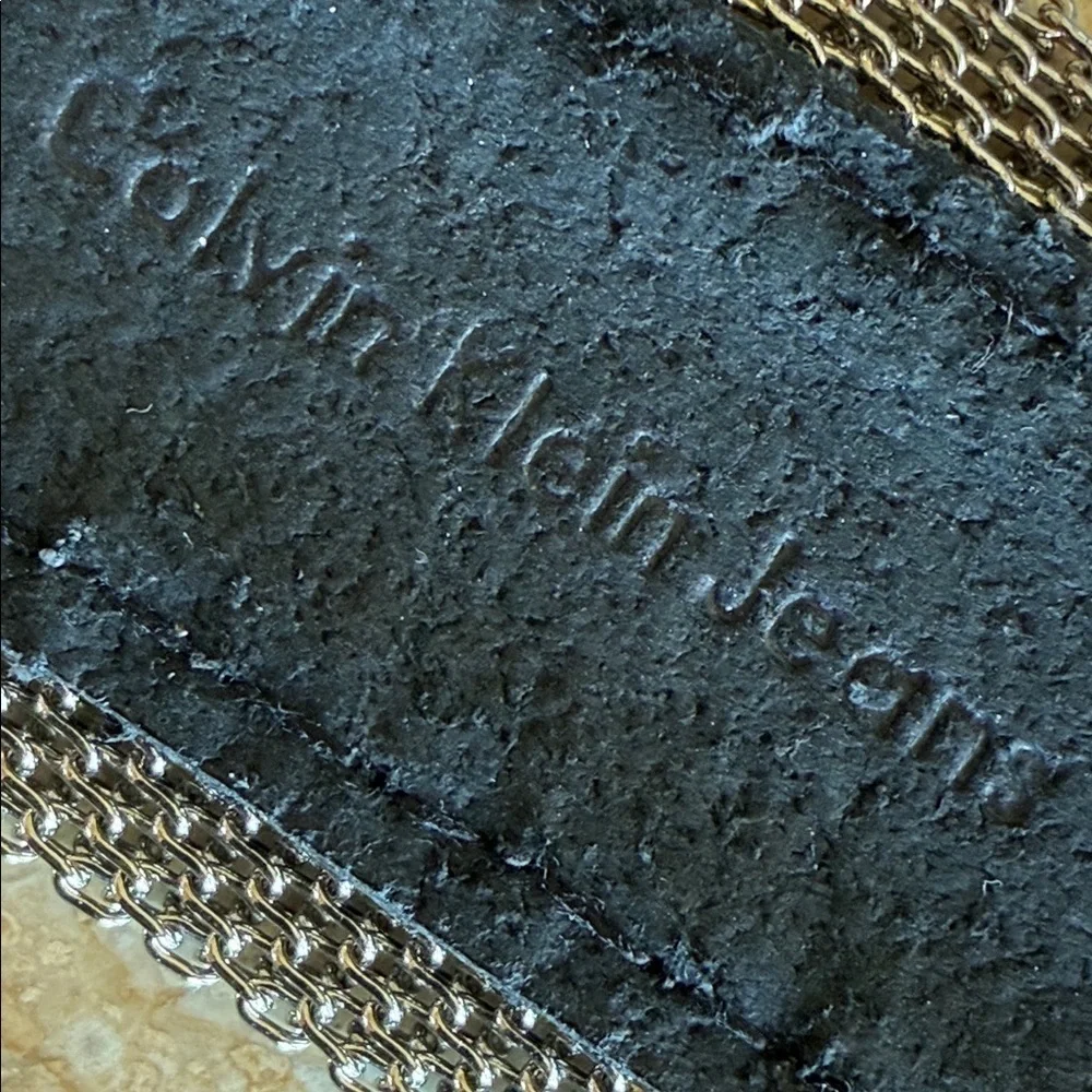 CALVIN KLEIN Belt, Black Leather with Silver mesh edging, monogram buckle. M EUC